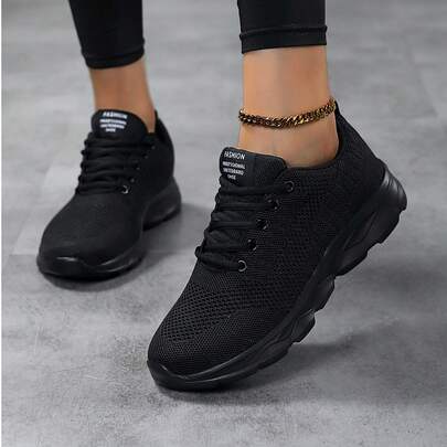 Women's Black Casual Sneakers, Slip-On Mesh Fabric Fitness Running Shoes, Comfortable Soft Non-Slip Walking Shoes, Breathable Running Trainers, Solid Color, All-Season Fabric Upper, Shock-Absorbing Stable Support, No Prints, MD Rubber Outsole For Road Running