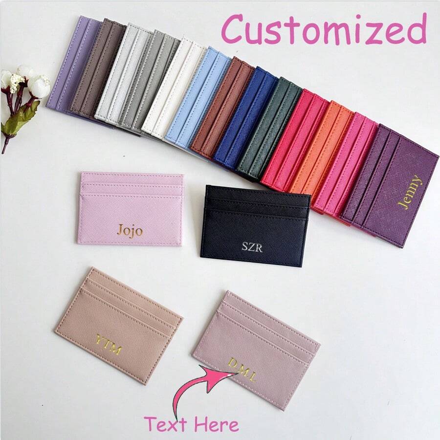 1pc Personalized Multi-Card Holder Unisex Ultra-Thin Minimalist Cross-Grain PU Leather Credit Card Wallet Customized Foil Stamped Letter/Name All-In-One ID Card Coin Purse For Women For Men Money Wallet Mini Wallet Purse Wallet Small Wallet