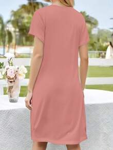 Women's Solid Color Casual Pocket Dress - Pink - View 2