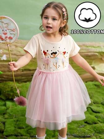 Vestido de verano de manga corta con estampado de dibujos animados de malla para niñas jóvenes