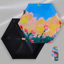1 pièce Parapluie compact et super léger avec peinture à l'huile, parapluie pliable anti-UV pour le soleil et la pluie, portable et pratique