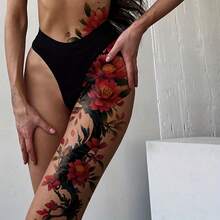 1pc Waterproof Temporary Tattoo With Floral Design, Suitable For Full Legs And Arms, Perfect For Parties, Dates, Outdoor Beach In Spring/Summer - Multicolor - View 2