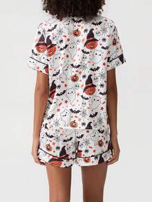 Women Halloween Pajama Set, Ghost Pumpkin Print Short Sleeve Button Closure Top With Shorts Sleepwear Loungewear - 白色 - 查看 6