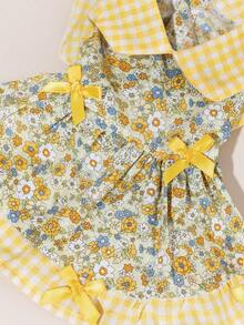 1 Set Pet Tulle Dress With Bow Tie, Cute Printed Pet Wedding Dress, Elastic Mesh Princess Dress For Dogs And Cats - Multicolor - View 3