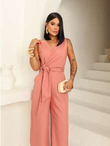 Long Wrap Jumpsuit With V-Neckline - Rose Blush - View 4