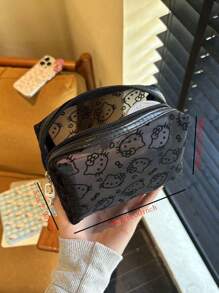 Sanrio 1pc Kitty Flocked & Mesh Portable Cosmetic Bag, Large Capacity Makeup Storage Pouch, Practical For Outdoor Use