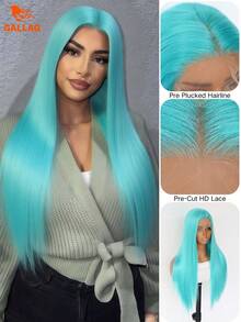 24 Inch Blue Green 13x4 Lace Front Wig, Long Silky Straight Mint Green Synthetic, HD Transparent Lace, Pre-Plucked Hairline, Heat-Friendly - 水鴨藍 - 查看 1