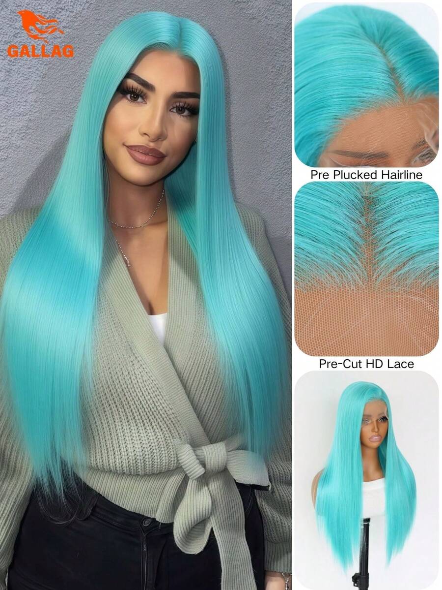 24 Inch Blue Green 13x4 Lace Front Wig, Long Silky Straight Mint Green Synthetic, HD Transparent Lace, Pre-Plucked Hairline, Heat-Friendly - 水鴨藍 - 查看 1