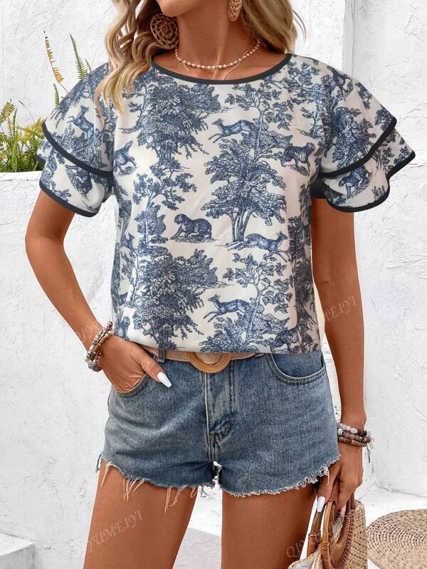 Women's Jungle Animal Print Short Sleeve Blouse, 2025 Summer New Loose Design Ink Splash Print Versatile Top