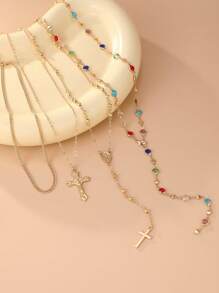 Set di 4 collane vintage in metallo dorato a forma di croce di Gesù a Y, set di collane con ciondolo in cristallo colorato, adatte per uso quotidiano e vacanze, regalo per amici (il colore e la quantità dei cristalli potrebbero variare rispetto all'articolo reale)
