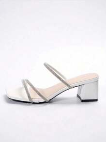 2025 New Women's Crystal Embellished Block Heel Open Toe Slide Sandals, Outdoor Party Mid Heel Slippers