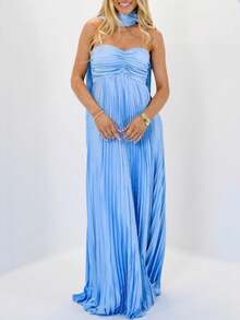 Womens Y2k Tube Strapless Pleated Maxi Dress With Scarf Maternity Silk Satin Formal Cocktail Ruffle Flowy Dresses - Biru - View 1