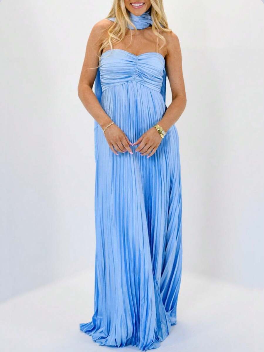 Womens Y2k Tube Strapless Pleated Maxi Dress With Scarf Maternity Silk Satin Formal Cocktail Ruffle Flowy Dresses - Biru - View 1