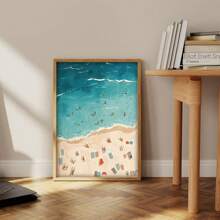 1pc Minimalist Beach Scene Wall Art - Summer Ocean Poster With Colorful Tiny People Swimming, Aerial Beach View Print On Canvas, Frameless Coastal Decor For Living Room, Bedroom, Or Bathroom, Indoor Decoration, Beach Theme Decor