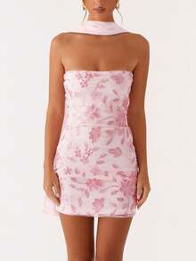 Women Sequin Sparkly Floral Tube Mini Dress With Scarf Y2k Sexy Pearl Embellished Bling Glitter Bodycon Dresses - 粉色 - 查看 1