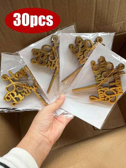 10/20/30 piezas Decoración para tarta de acrílico "Feliz Cumpleaños", decoraciones para tartas de cumpleaños, San Valentín, suministros para fiestas, decoración de tartas con gráficos de letras modernas, decoración de tartas con gráficos de letras modernas de acrílico dorado espejado multifuncional, regalo conmemorativo perfecto para familiares y amigos