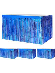 1pc Metallic Foil Fringe Table Skirt, Rectangle Blue Metallic Wire Party Table Decoration For Christmas, Birthdays, Wedding Receptions, Dessert Tables - Blue - View 1