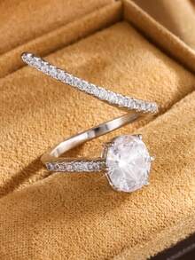 rakol 1pc Elegant Octagon Inlaid Copper Open Ring, Suitable For Women Wedding - Silver - View 2