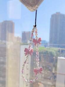 Small Batch Sakura Pink Bow Random Shape Beaded Phone Lanyard, Cute - Pink - View 3