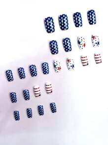 24 pezzi set di unghie finte da Giorno dell'Indipendenza, di forma ovale media, design a stella, colori patriottici rosso, bianco e blu, con colla gommata removibile e riutilizzabile, 1 spingicuticole, adatto per ragazze e donne, il regalo perfetto per ragazze e signore