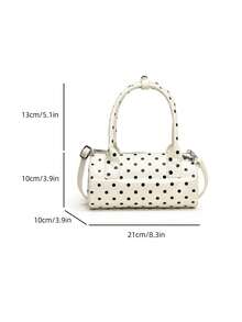 Fashionable Retro Solid Color PU Handbag, Waterproof Fabric, Zipper Closure, Dual Handles, Polka Dot Decor Design, Pillow-Shaped - White - View 5