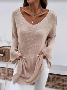 Oversize einfarbiger Rundhals Lässig Loose Split Saum Strickpullover