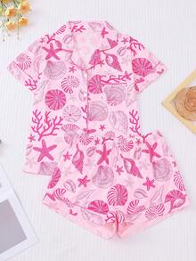 2 件贝壳印花女士睡衣套装，有领短袖舒适上衣和松紧腰短裤，时尚家居服套装，适合节日、派对和休闲穿着 - 粉色 - 查看 1