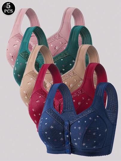 Set de 5 sujetadores sin aros con cierre delantero, con diseño floral elegante, cómodos y transpirables para mujeres