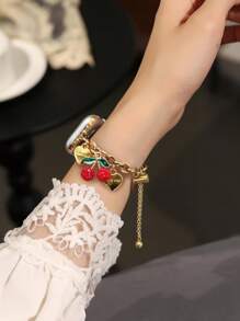 1 件兼容 表带 AppleWatch 表带女款 Love Cherry 吊坠金手链，兼容 38/40/41/42/44/45/46/49 毫米，适用于 Ultra3/2/1/Se/10/9/8/7/6/5/4/3/2/1，可调节伸缩拉丝设计金属表带，苹果手表配件，女士配饰，适合夏季女性
