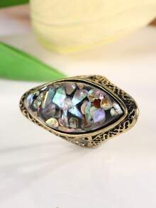1pc Vintage Elegant Antique Bronze Iridescent Shell Embossed Ring For Women - Multicolor - View 3