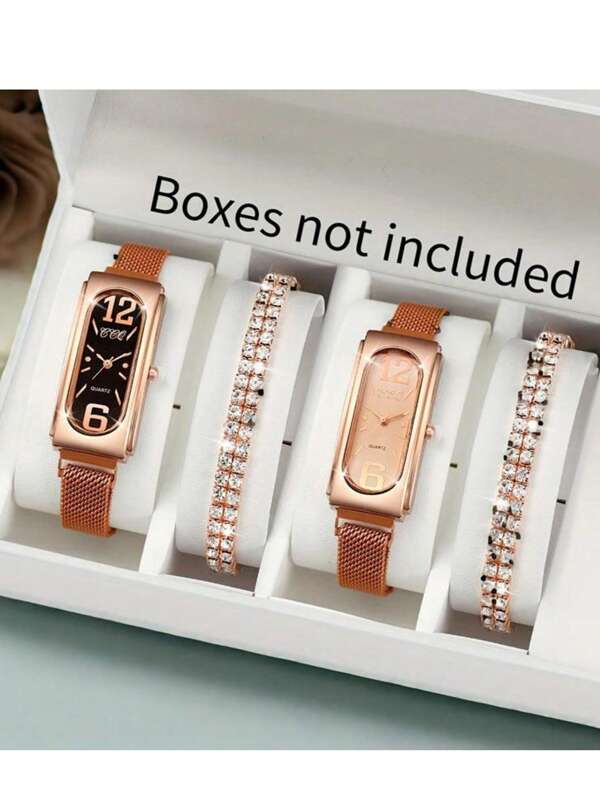 4pcs/Set Women's Elegant Mesh Strap Rectangle Dial Quartz Watch With Magnetic Clasp Bracelet Set (Excluding Box)