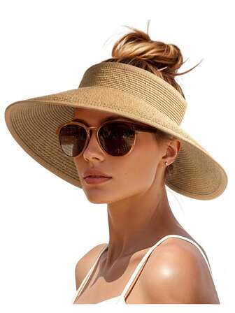 1 件大帽檐草帽，适合夏季防晒，防紫外线，可折叠，可调节，带绳