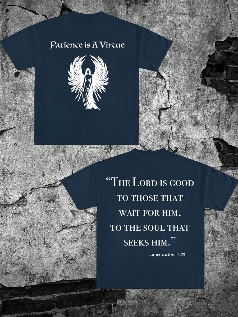 (Camiseta de algodón de 220g) Camiseta de manga corta con estampado "LA PACIENCIA ES UNA VIRTUD". Camiseta de verano de cuello redondo de manga corta para hombre, camiseta estampada de moda - Azul Marino - Ver 1