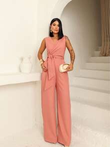 Long Wrap Jumpsuit With V-Neckline - Rose Blush - View 1
