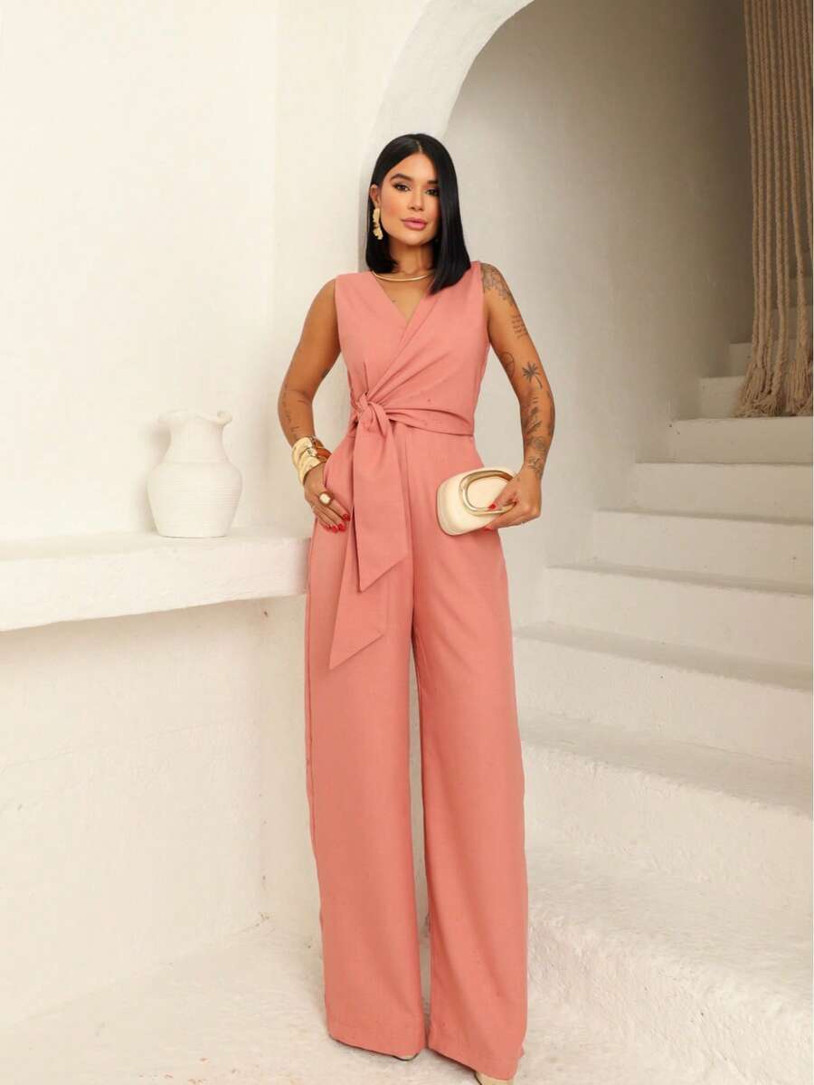 Long Wrap Jumpsuit With V-Neckline - Rose Blush - View 1