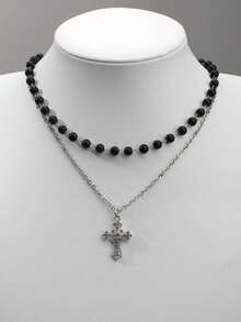 2 件套哥特式黑色仿珍珠水钻十字架项链套装（女士） - 銀色 - 查看 1
