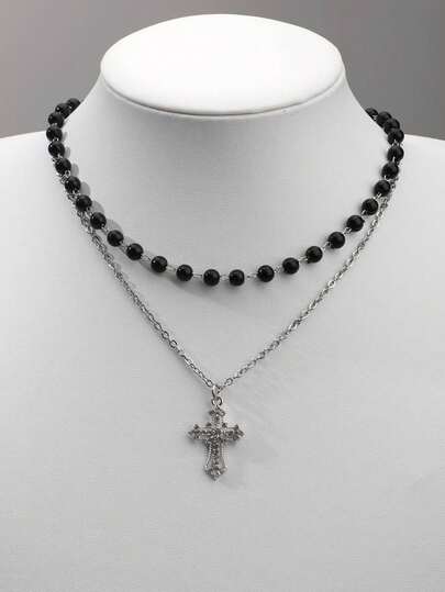 2 件套哥特式黑色仿珍珠水钻十字架项链套装（女士）