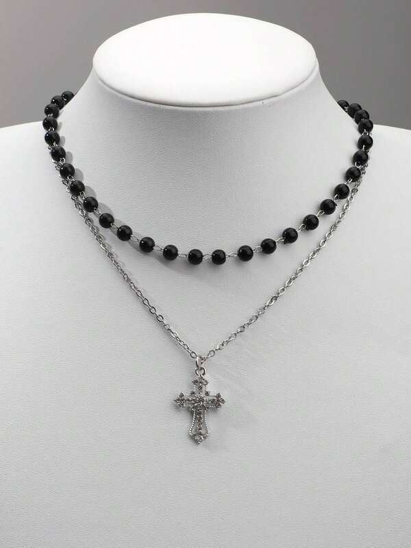 2pcs Gothic Style Black Faux Pearl Rhinestone Cross Necklace Set For Women