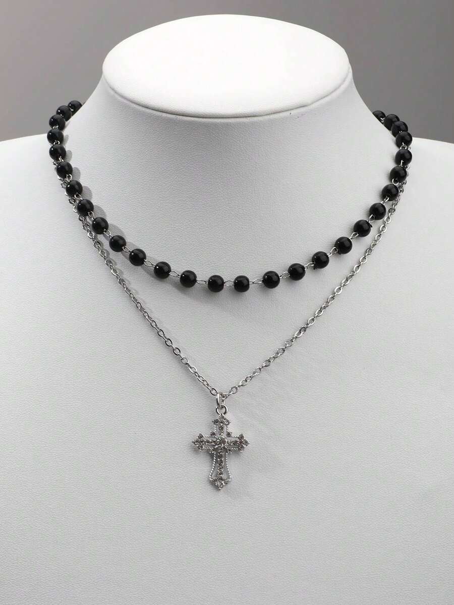2 件套哥特式黑色仿珍珠水钻十字架项链套装（女士） - 銀色 - 查看 1