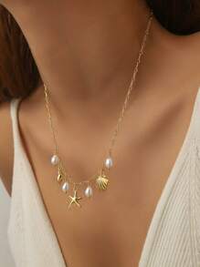 1-2pcs Starfish Shell Pearl Deco Women Summer Necklace, Beach Vacation Gold Necklace, Gift For Her, Mom Gift