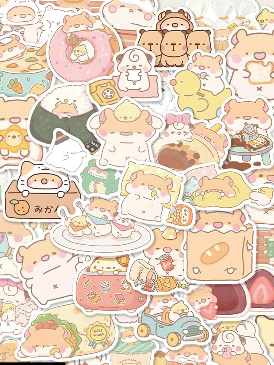 50张面包仓鼠趣味精致卡通贴纸自粘桌面手机壳笔记本防水贴 - 彩色 - 查看 1
