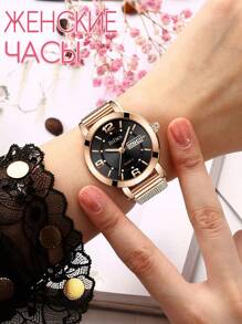 BIDEN BIDEN Fashionable Women's Quartz Watch, Waterproof Calendar Stainless Steel Mesh Strap, Elegant Women's Watch, Rose Gold Women's Clock