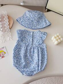 2pcs/Set Baby Girl Newborn Cute Stylish Sleeveless Bodysuit & Hat Set, Summer