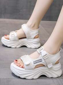 Women's Summer Wedge Thick-Sole Sport Sandals, Hook And Loop Strap Letter Pattern Casual Student Flat Sandals
