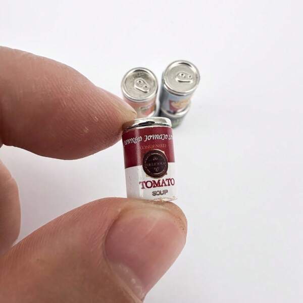 5pcs Miniature Alloy Tomato Soup Cans - DIY Dollhouse Accessories, Kitchen Decor Accessories, Realistic Red And White Labeled Food Models For Creative Games And Scene Setting, Miniature Modeling , Realistic Miniatures , Realistic Alloy Cans
