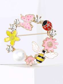 1 件别致的蜜蜂和花朵花环胸针 - 锌合金，带仿珍珠装饰，金色瓢虫和蜂窝设计，彩色珐琅花朵，优雅的女孩服装配饰