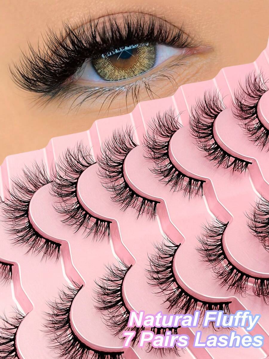 Asiteo 7 Pairs Cat Eye False Eyelashes, 3D Fluffy Effect, Natural Thin Faux Mink Lashes, Suitable For Daily, Wedding, Date, Spring And Travel Occasions - 黑色 - 查看 1