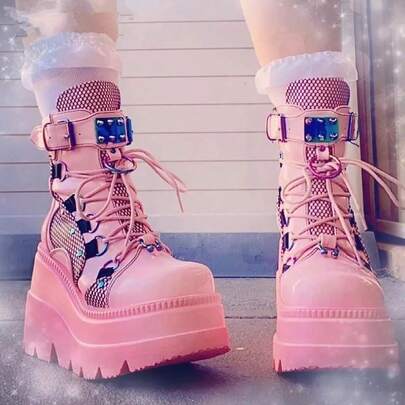 9.5 センチメートル厚底オートバイブーツ y2k ダークゴシックパンクミッドカーフブーツ女性のマットパンク女性の靴