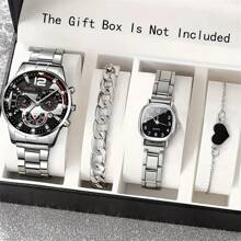 4 Stücke Paar Uhr-Set mit silbernem Edelstahlarmband, moderner lässiger Stil + Armband, kann ein wichtiges Geschenk zu Feiertagen sein