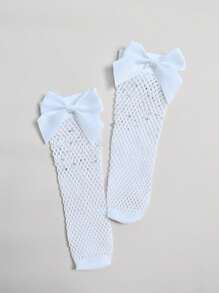 2 Pairs Girls' Rib Knit Bow & Hollow Out Fishnet Socks, Suitable For Daily Wear In Summer